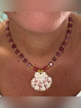 Handmade Pink Shell Pendant Necklace with Gold Accents